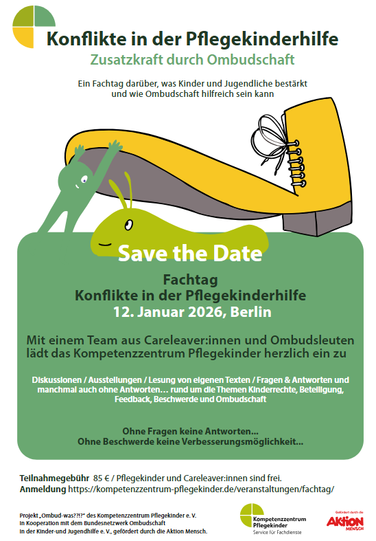 Veranstaltungsplakat zum Fachtag "Konflikte in der Pflegekinderhilfe - Zusatzkraft durch Ombudschaft"