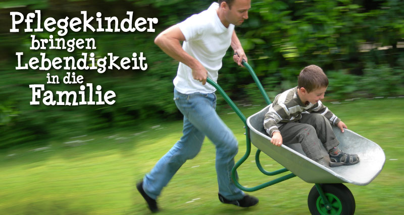 der Text Pflegekinder bringen Lebendigkeit in die Familie neben einem Bild mit einem Mann und einem Kind in einer Schubkarre